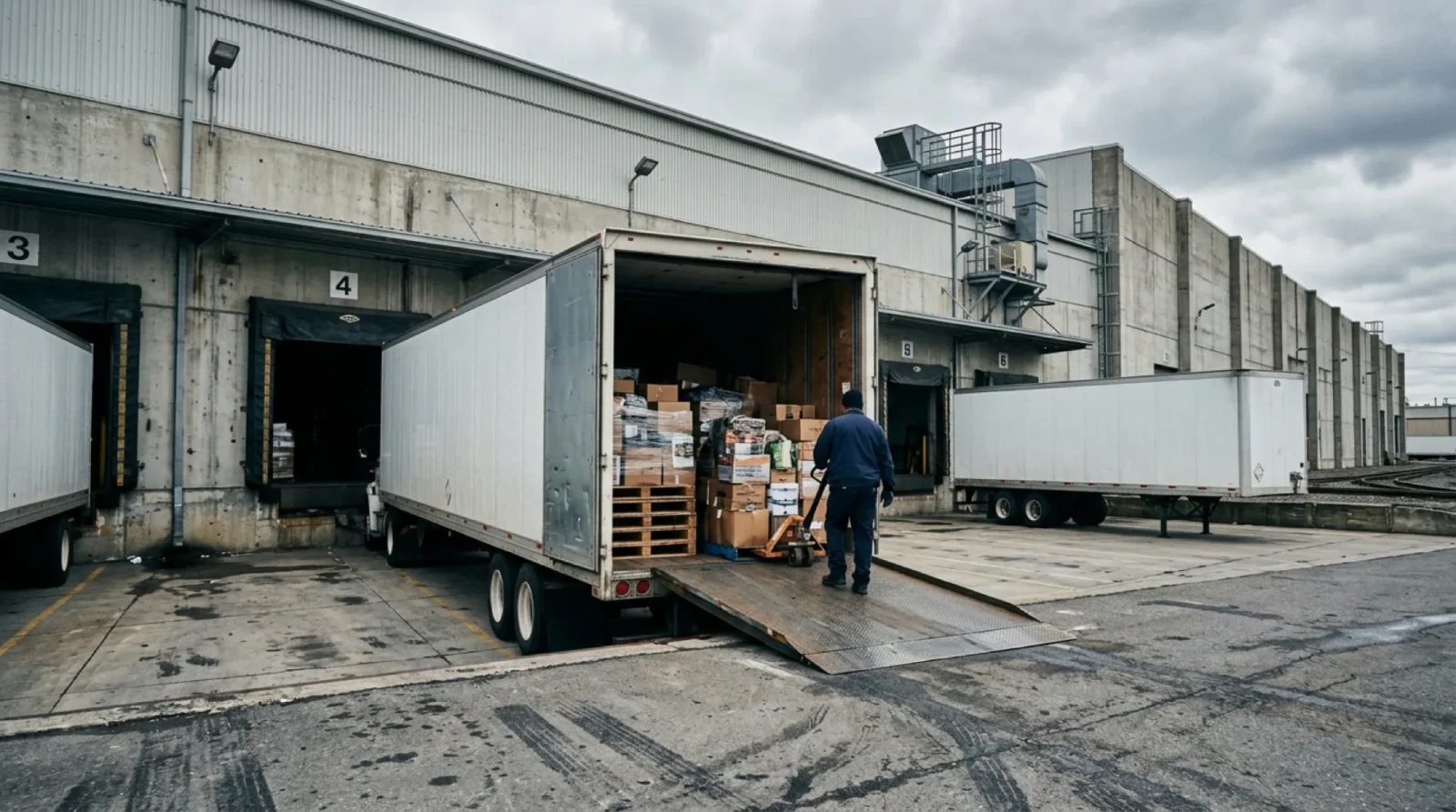 A freight truck loading pallets at a warehouse dock door