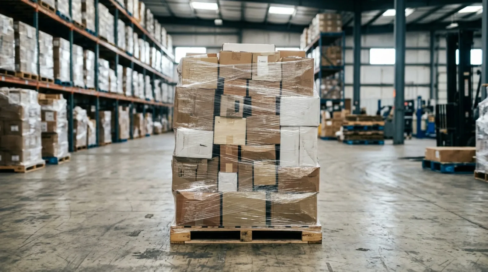 A shrink wrapped pallet of assorted customer return merchandise
