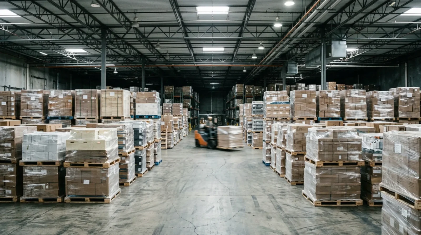 Pallets of liquidation stock stacked in a distribution warehouse