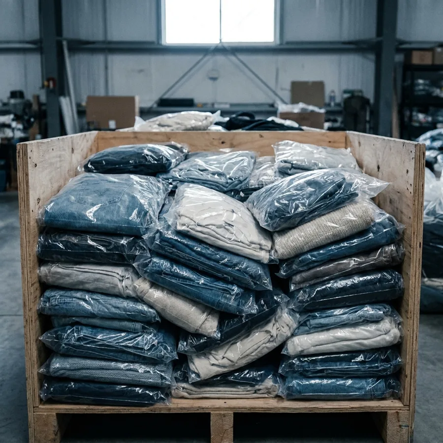 Bulk apparel and footwear stock in a liquidation warehouse