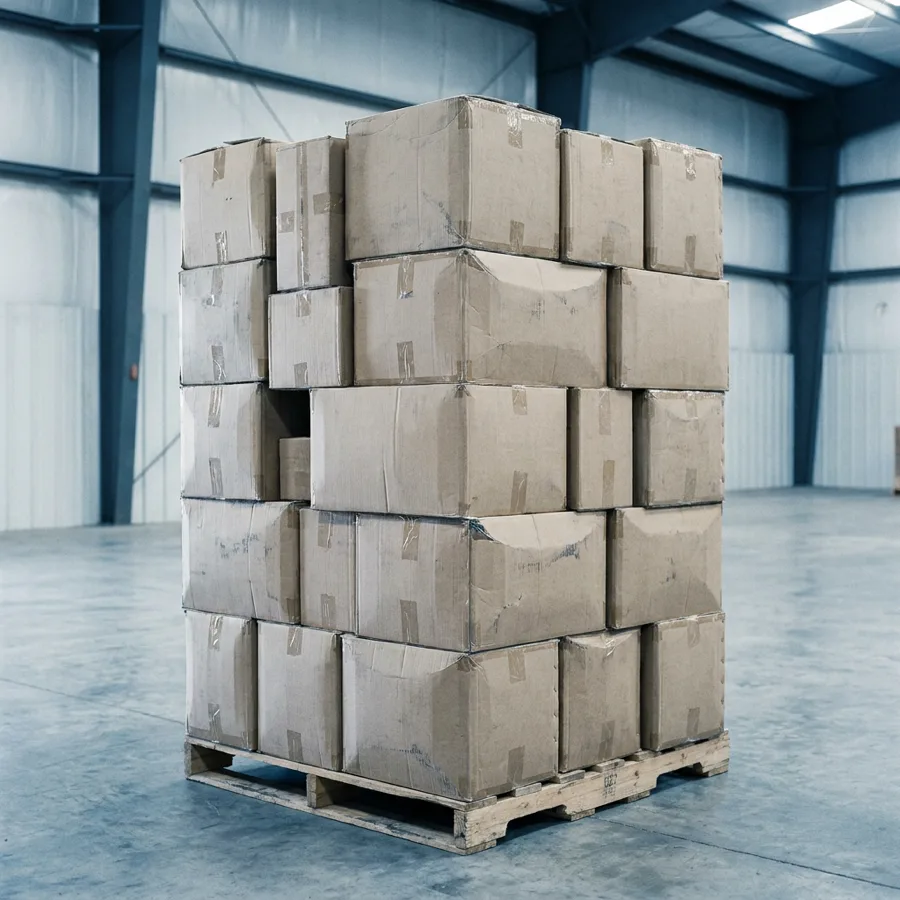 Assorted general merchandise boxes on a liquidation pallet