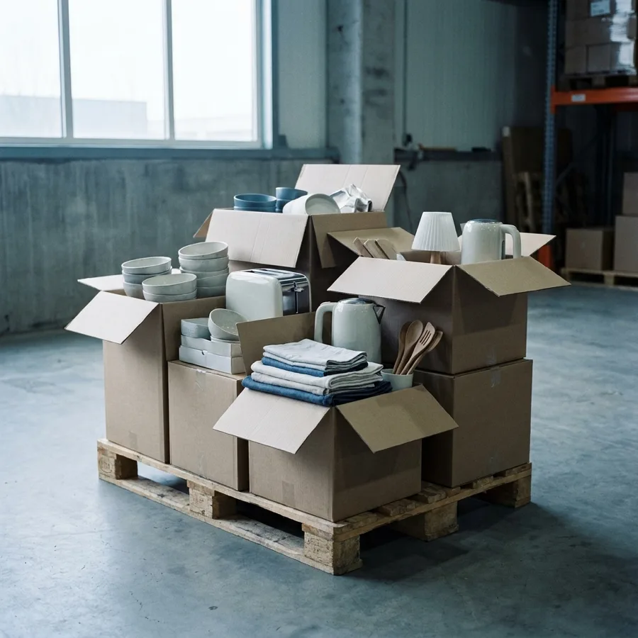 Home goods and housewares stock boxed on a pallet