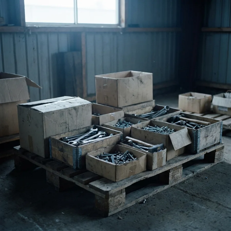 Hand tools and hardware stock on a warehouse shelf