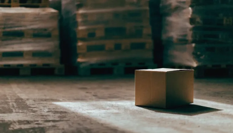 A single sealed cardboard box on a warehouse floor under daylight