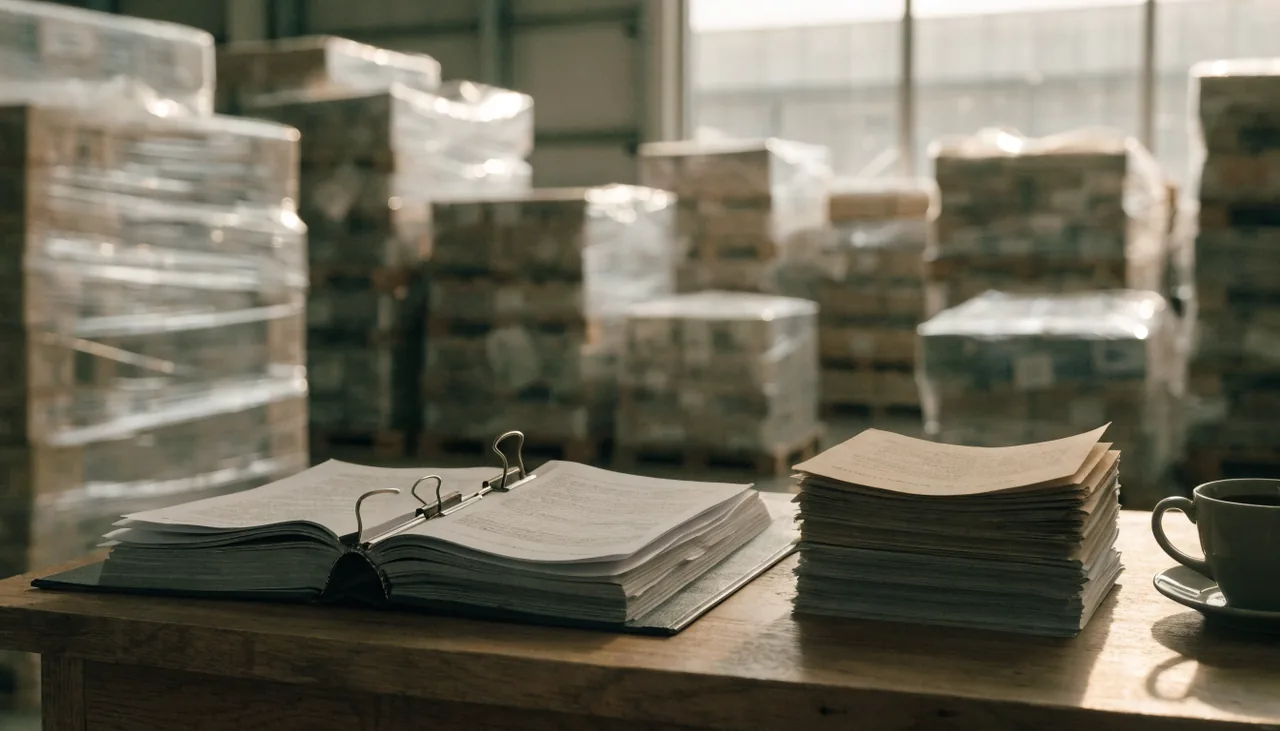 A reference binder and shipping documents on a warehouse desk
