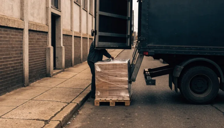 A freight driver lowering a wrapped pallet on a hydraulic liftgate at a kerbside delivery