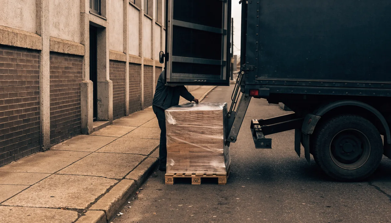 A freight driver lowering a wrapped pallet on a hydraulic liftgate at a kerbside delivery