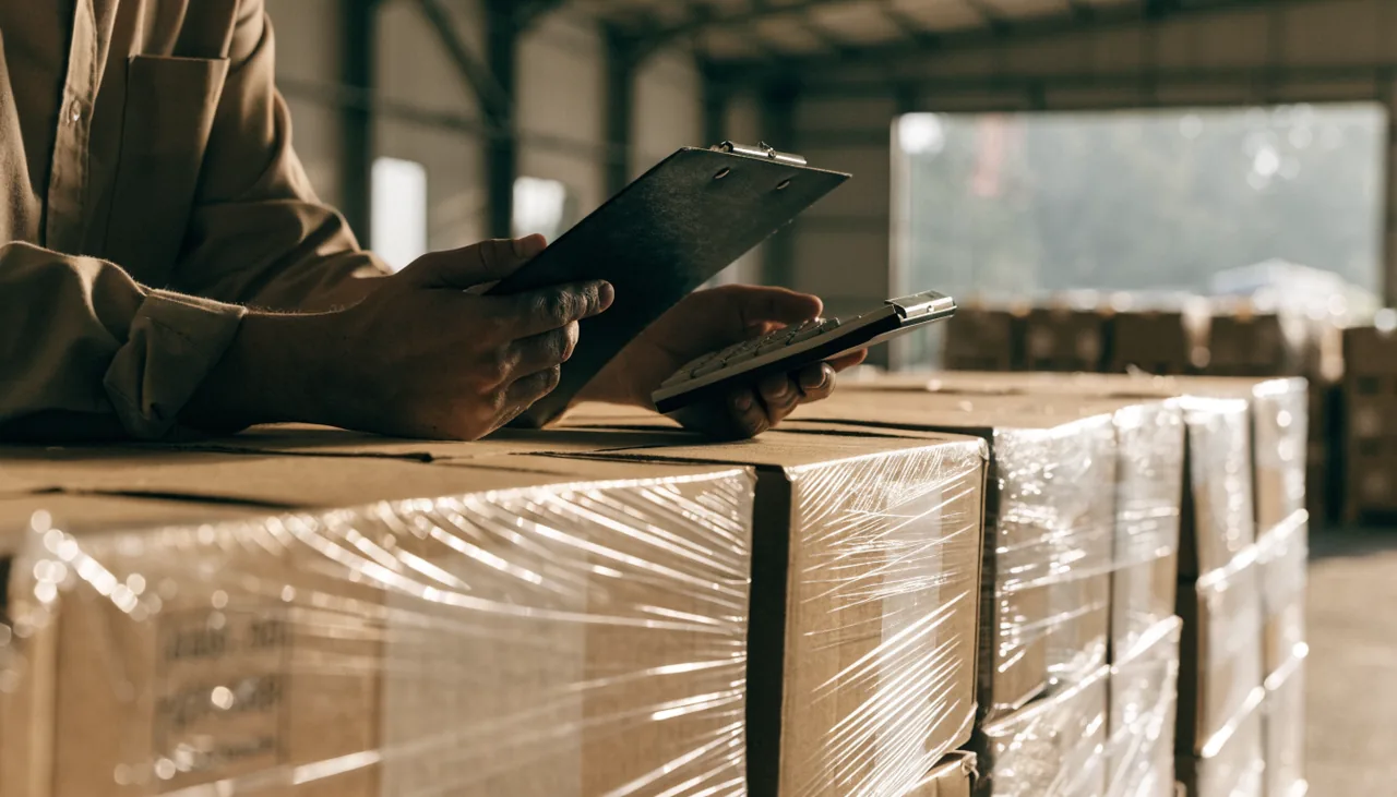 Costing a pallet of returns with a clipboard and calculator in a warehouse