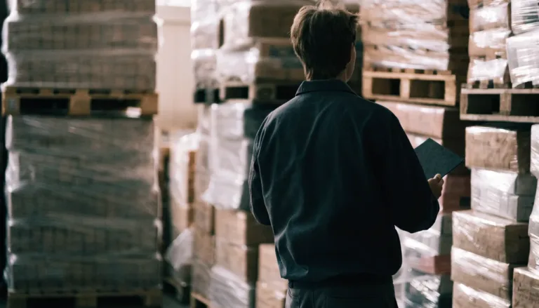A reseller inspecting stacked liquidation pallets in a wholesale warehouse