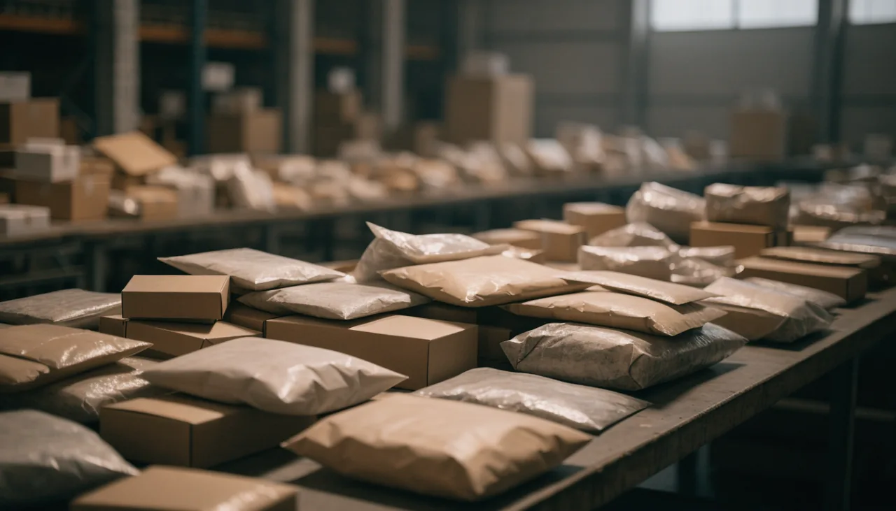 A sorting table of unlabelled parcels and padded mailers in a warehouse