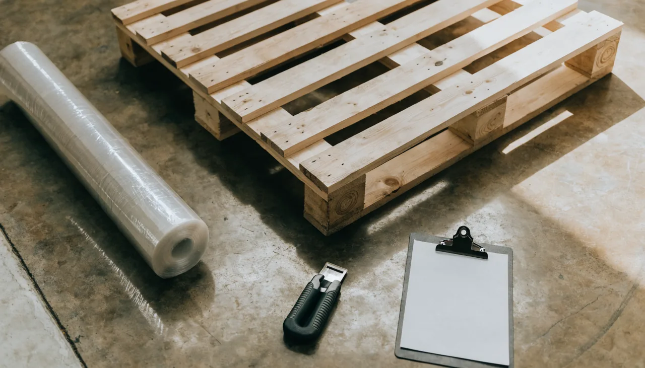 A shipping pallet, stretch film, box cutter and clipboard on warehouse concrete