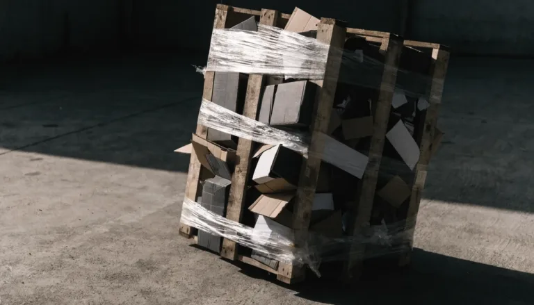 A poorly built pallet of crushed cartons leaning with torn stretch film on a warehouse floor