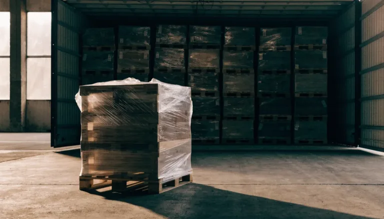 A single wrapped pallet in front of a fully loaded freight trailer, showing the scale difference