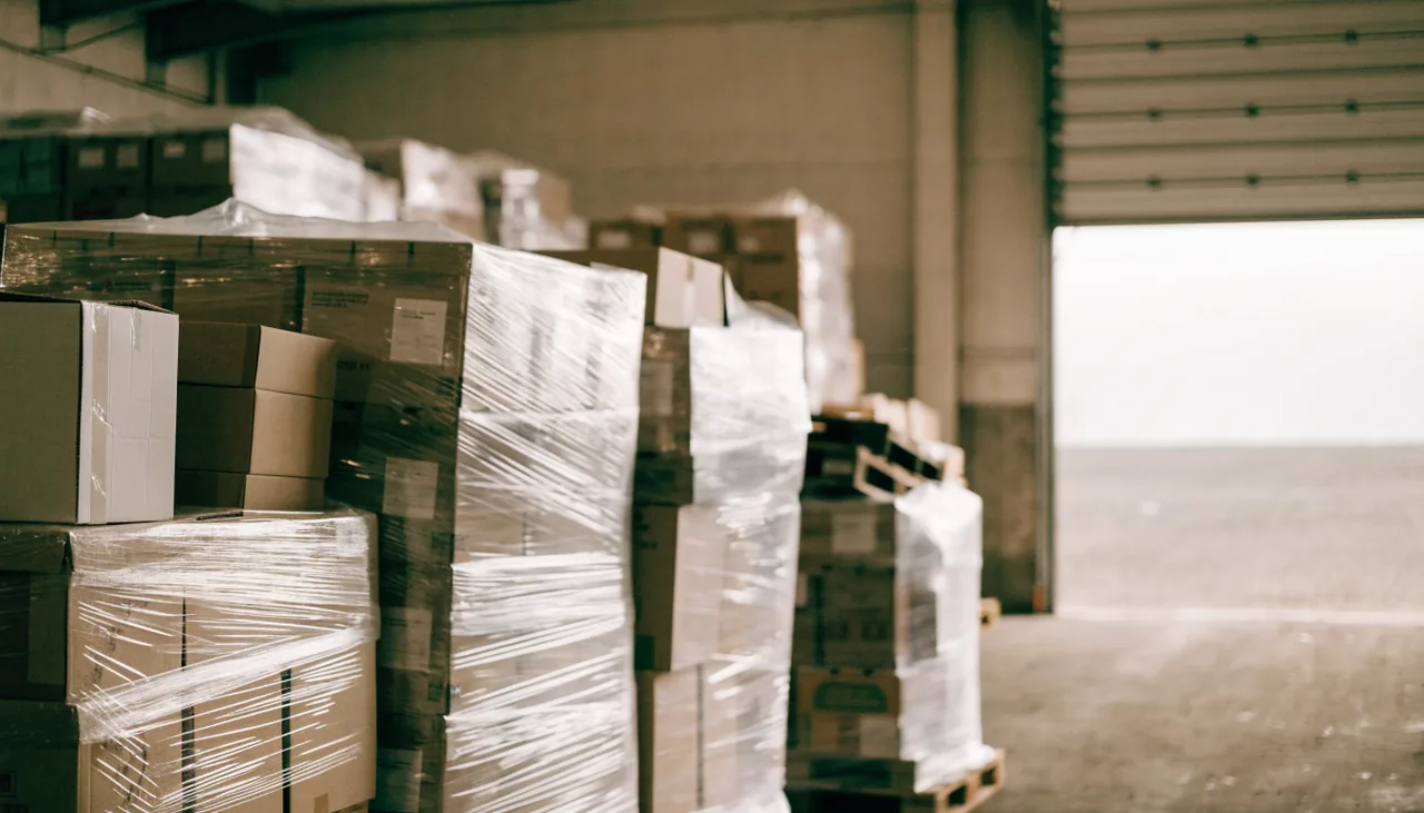 Shrink-wrapped pallets of mixed customer returns in a liquidation warehouse