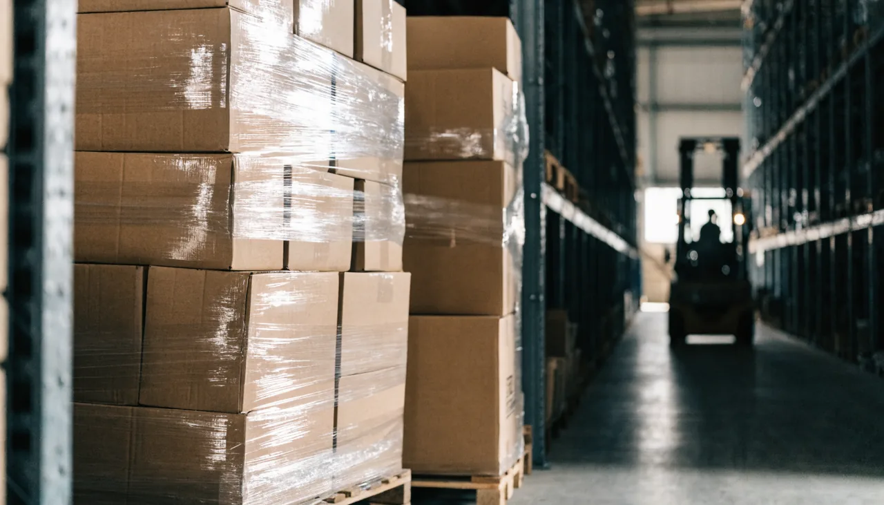 A wrapped pallet of e-commerce return cartons beside a warehouse racking aisle