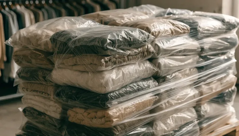 A stretch-wrapped pallet of bagged assorted clothing in a warehouse
