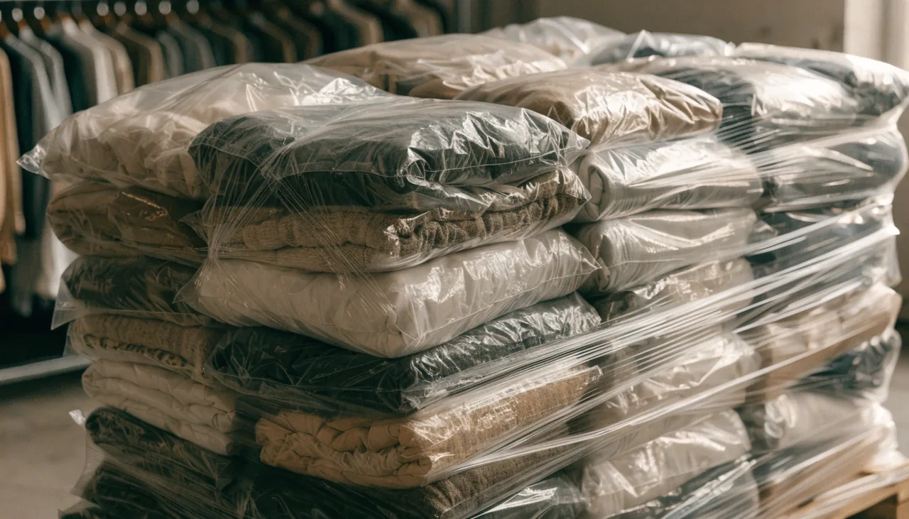 A stretch-wrapped pallet of bagged assorted clothing in a warehouse