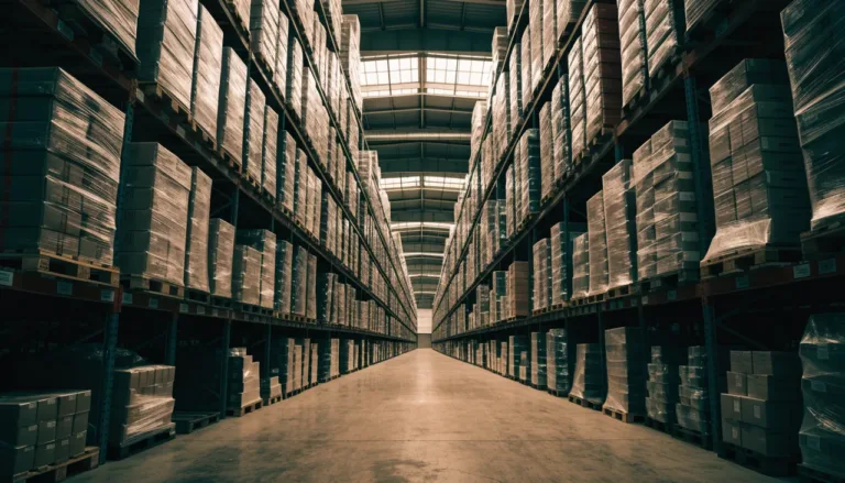 A wholesale warehouse aisle of racked pallets of boxed goods