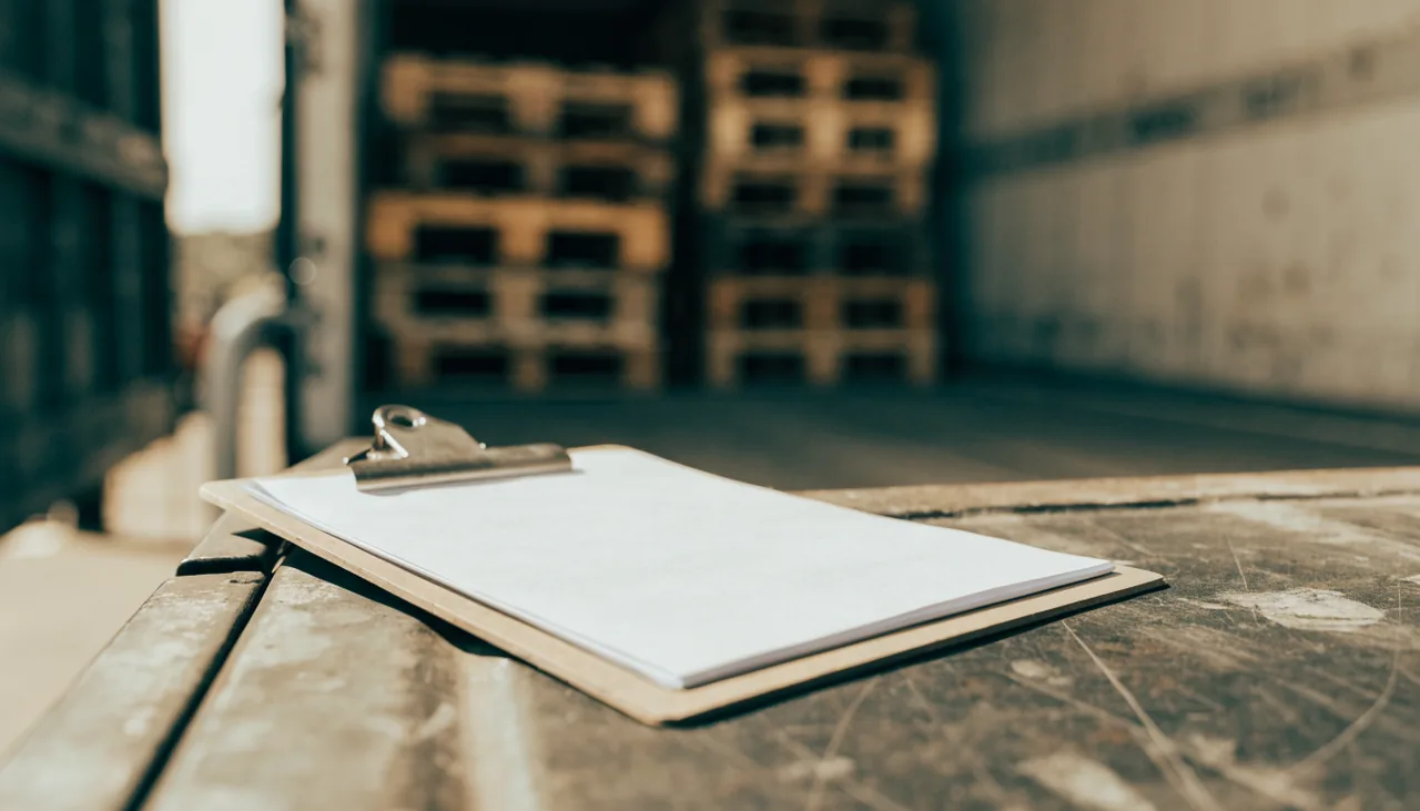 A clipboard and delivery docket on the tailgate of a freight trailer