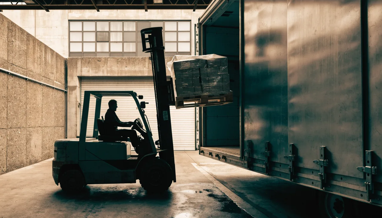 A forklift loading a wrapped pallet into a freight trailer